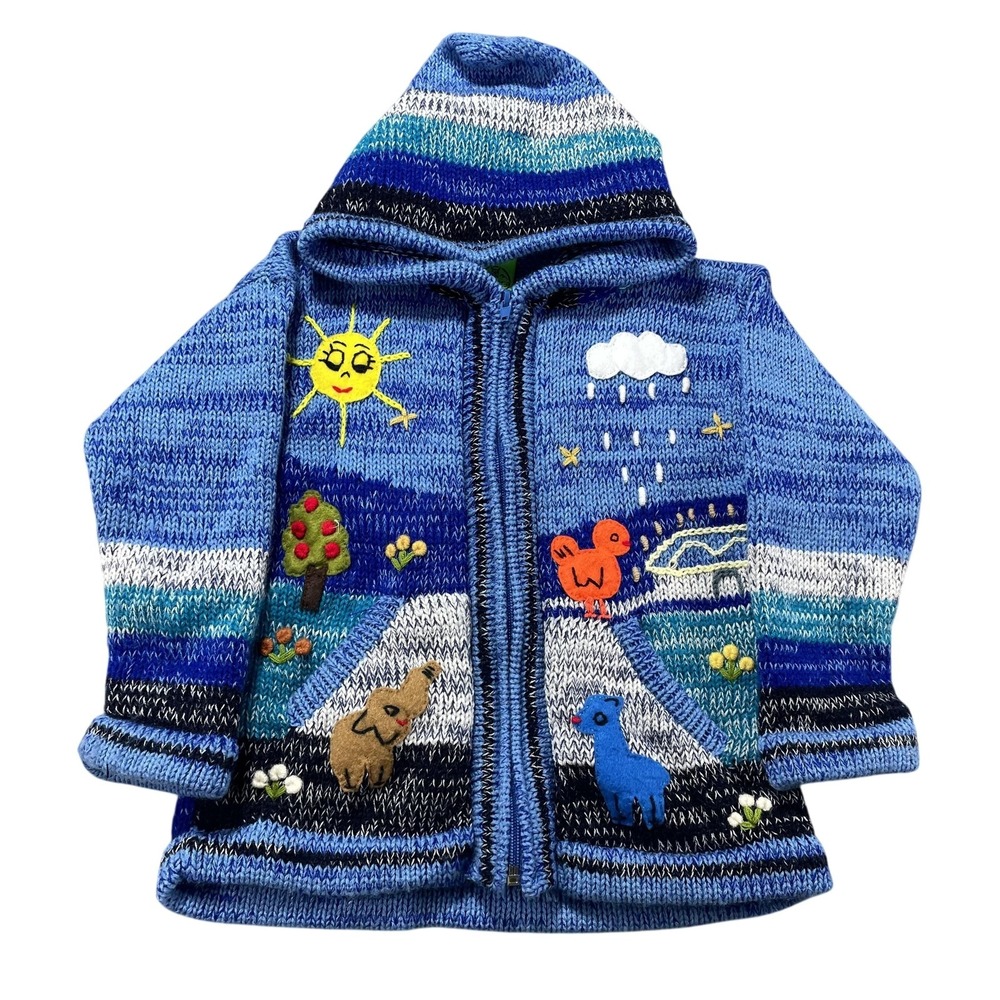 Alpaca Connection Sweater Kids 6 Blue Hooded Knit Full Zip‎ Embroidered Animals